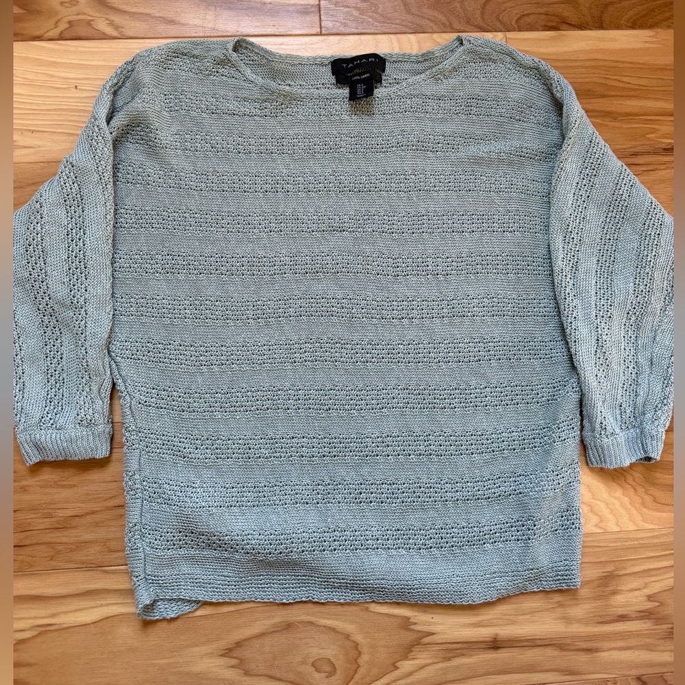 Tahari 100% Linen Knit Sweater Sage Lightweight Dolman Sleeve Crew Sweater Small